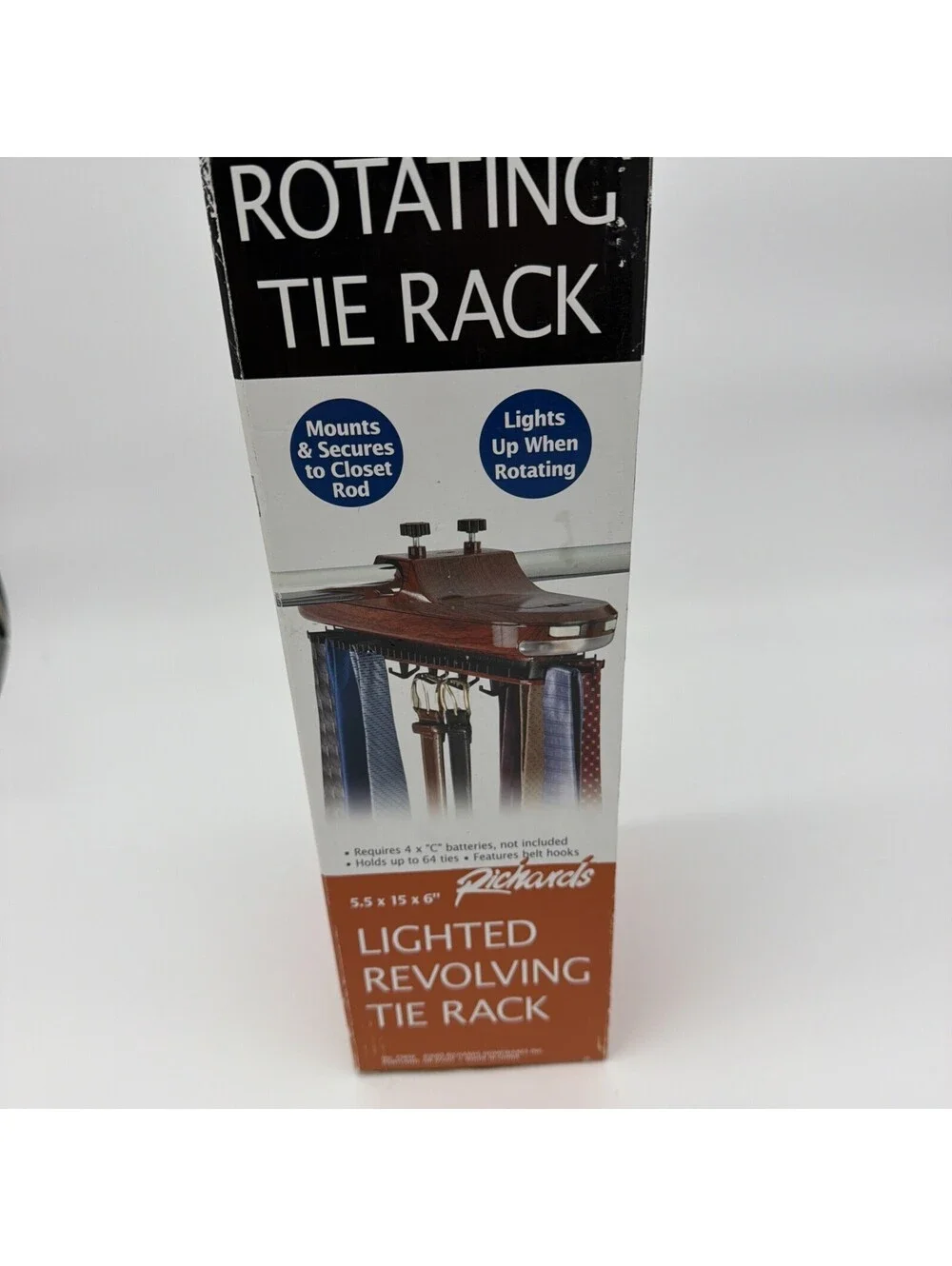 RICHARDS LIGHTED REVOLVING TIE RACK - HOLDS 64 TIES - CHERRY WOOD FINISH - NIB